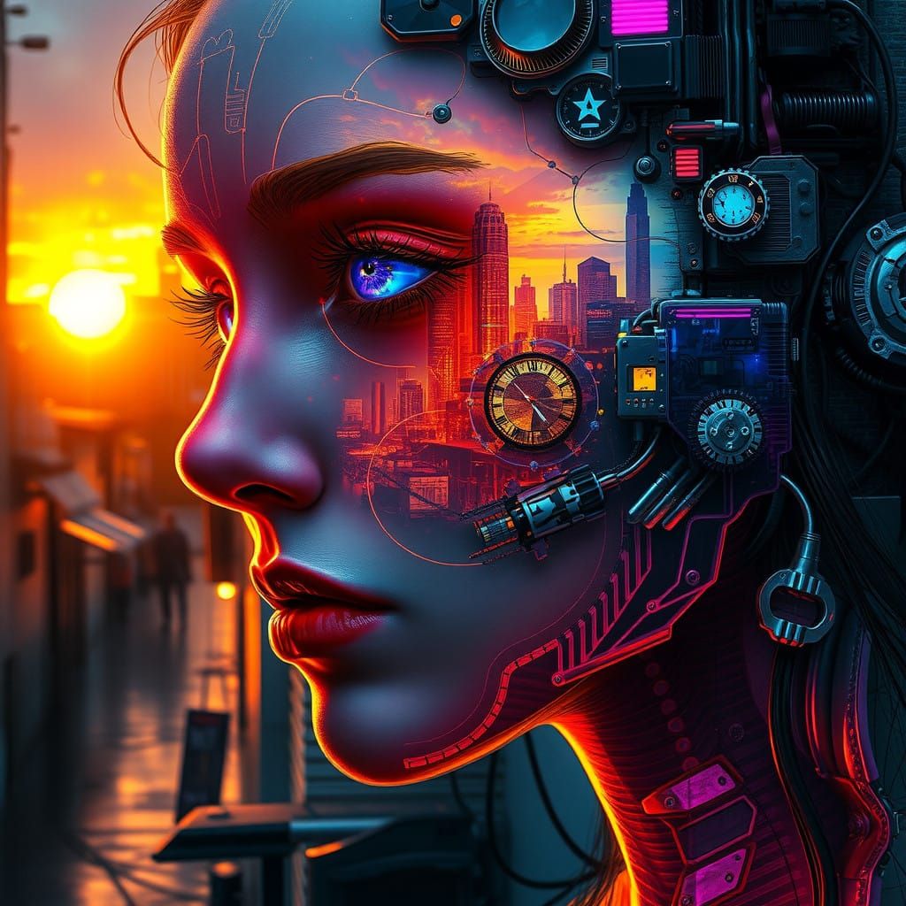 Surreal Cyberpunk Goddess in Vibrant Double-Exposed Cityscap...