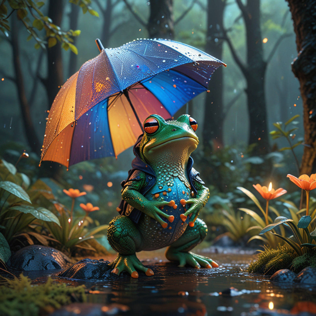 Fantasy Frog in Rainy Forest with Umbrella and Hat