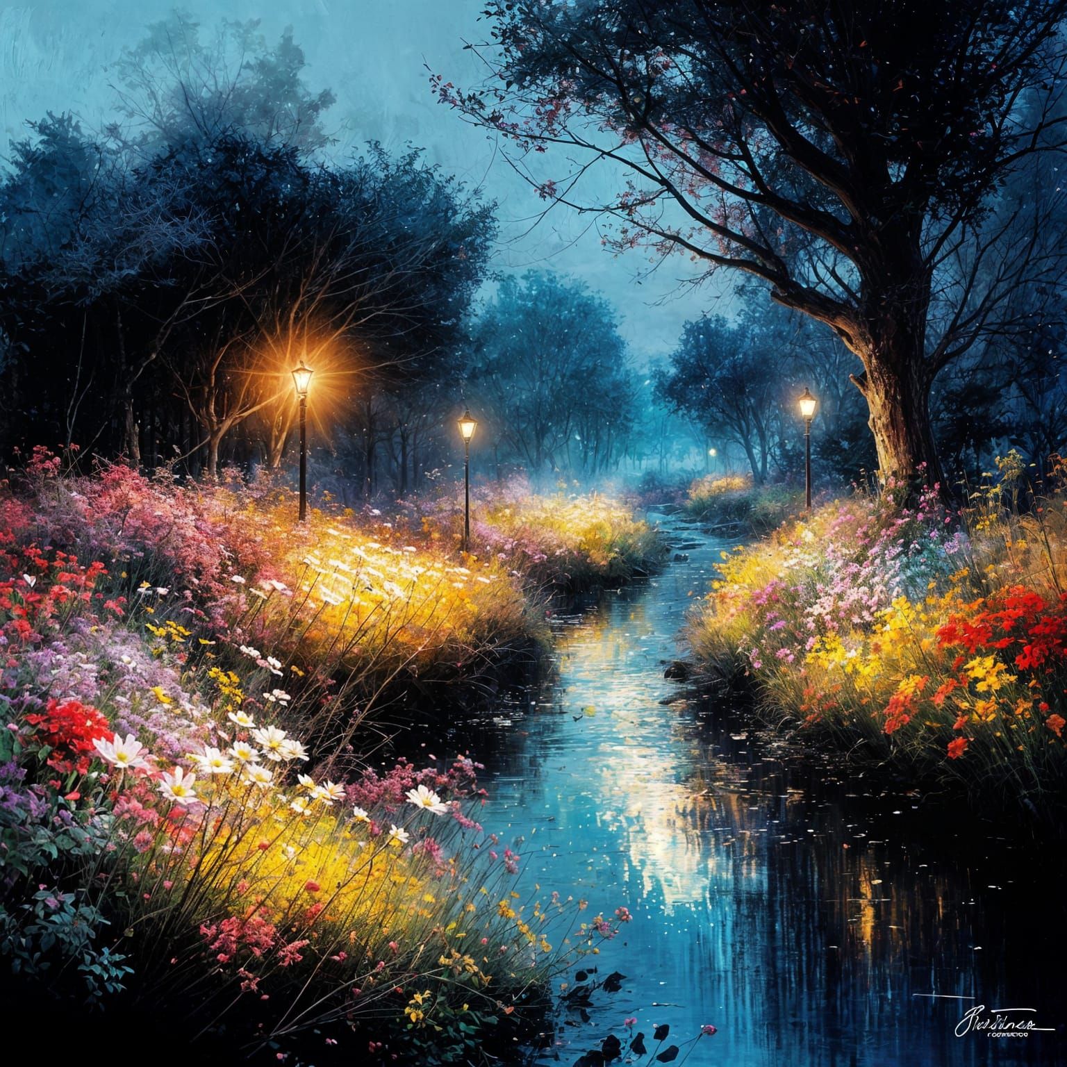 Vibrant Night Landscape Painting with Dramatic Lighting