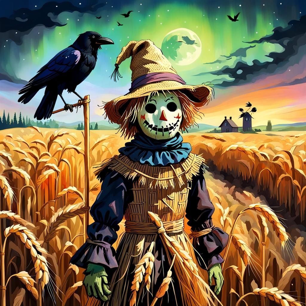 Scarecrow and Crow in Wheat Field at Night
