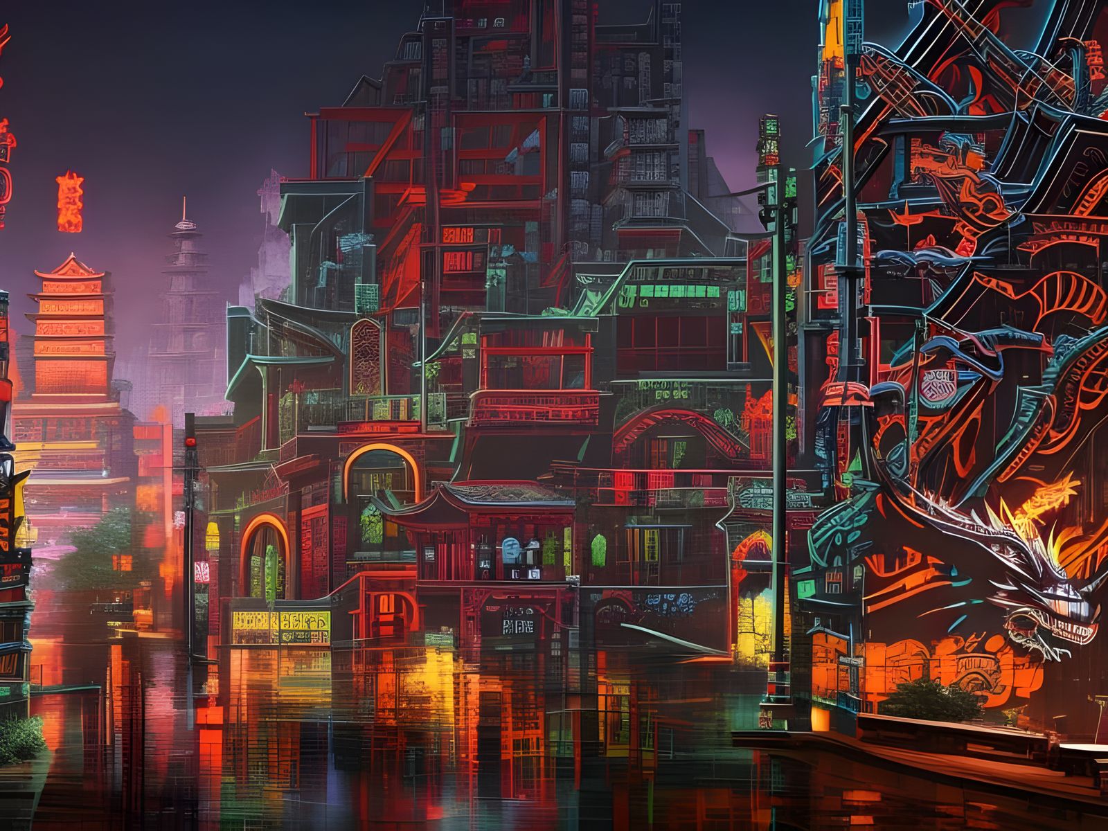 Cyberpunk Chinatown Dragon Graffiti in Neon Lights