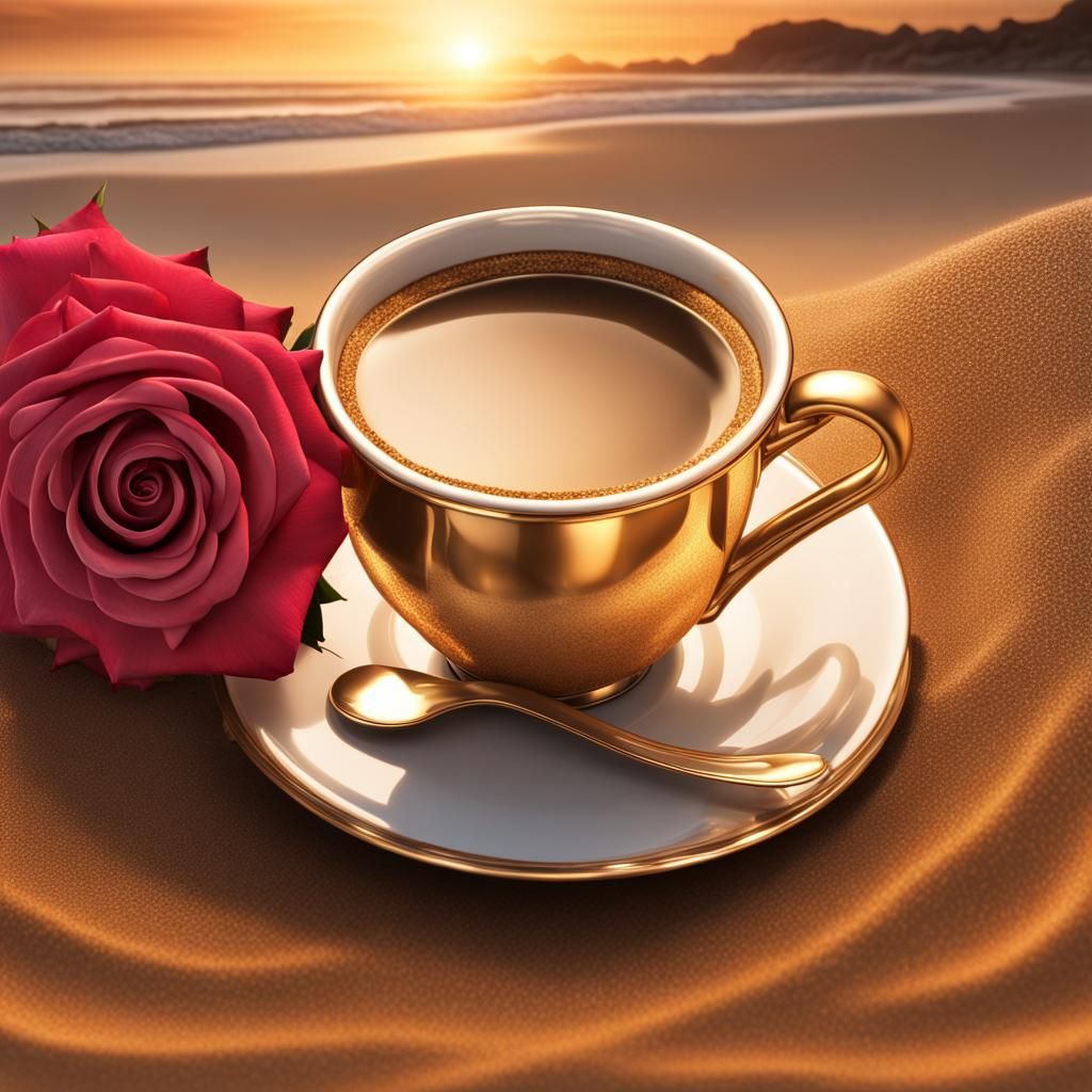 Golden Coffee Cup at Sunset: Hyperrealistic Photograph