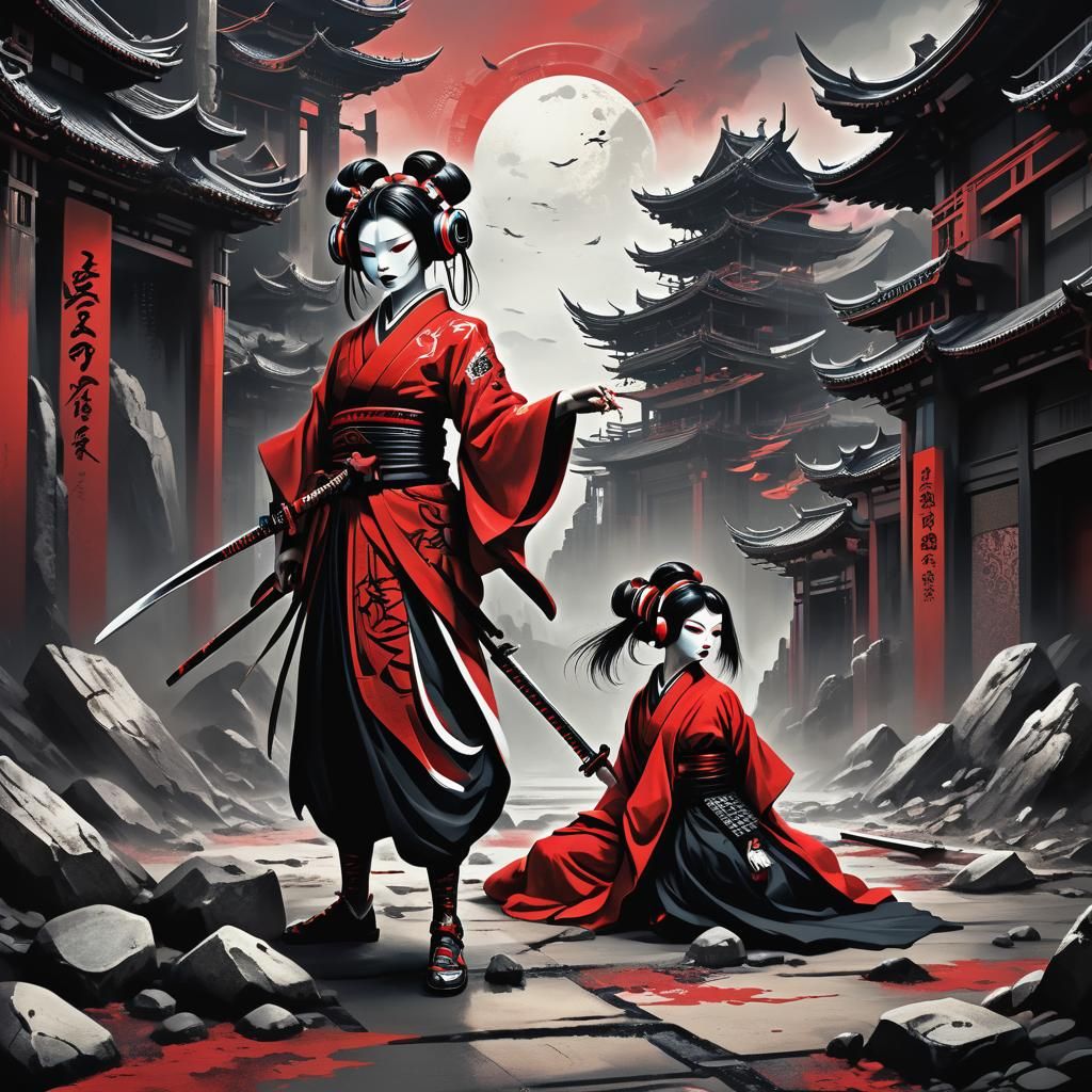 Geisha Cyborg Samurai in Dark Fantasy Art