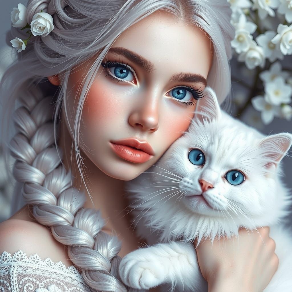 Woman with White Hair Holding Cat, Photorealistic