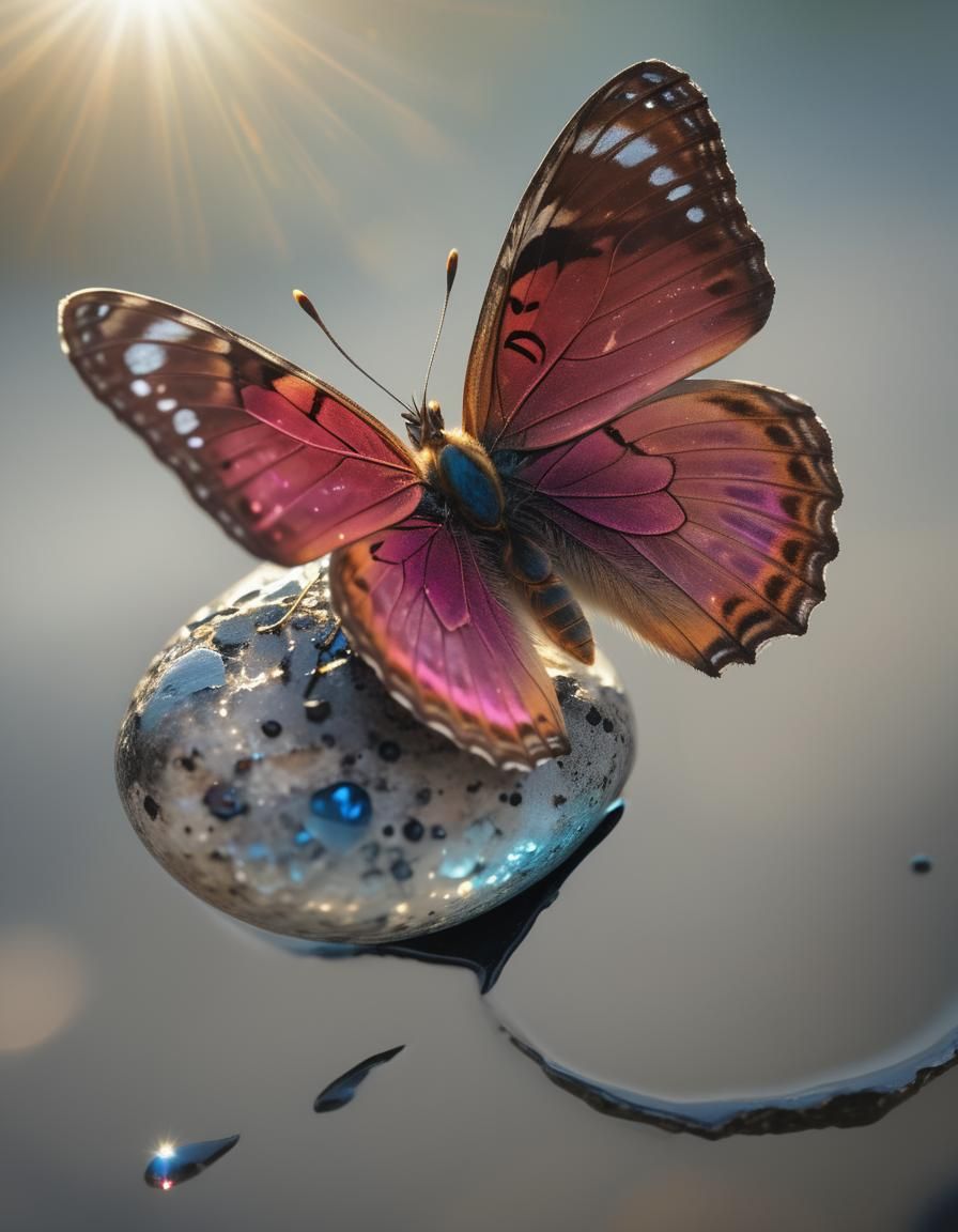 Butterfly on Black Stones in Sunlight: Macro Photography
