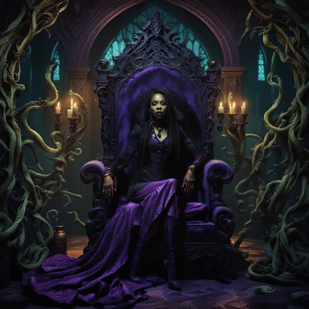 Black Female Vampire on Throne in Gothic Art