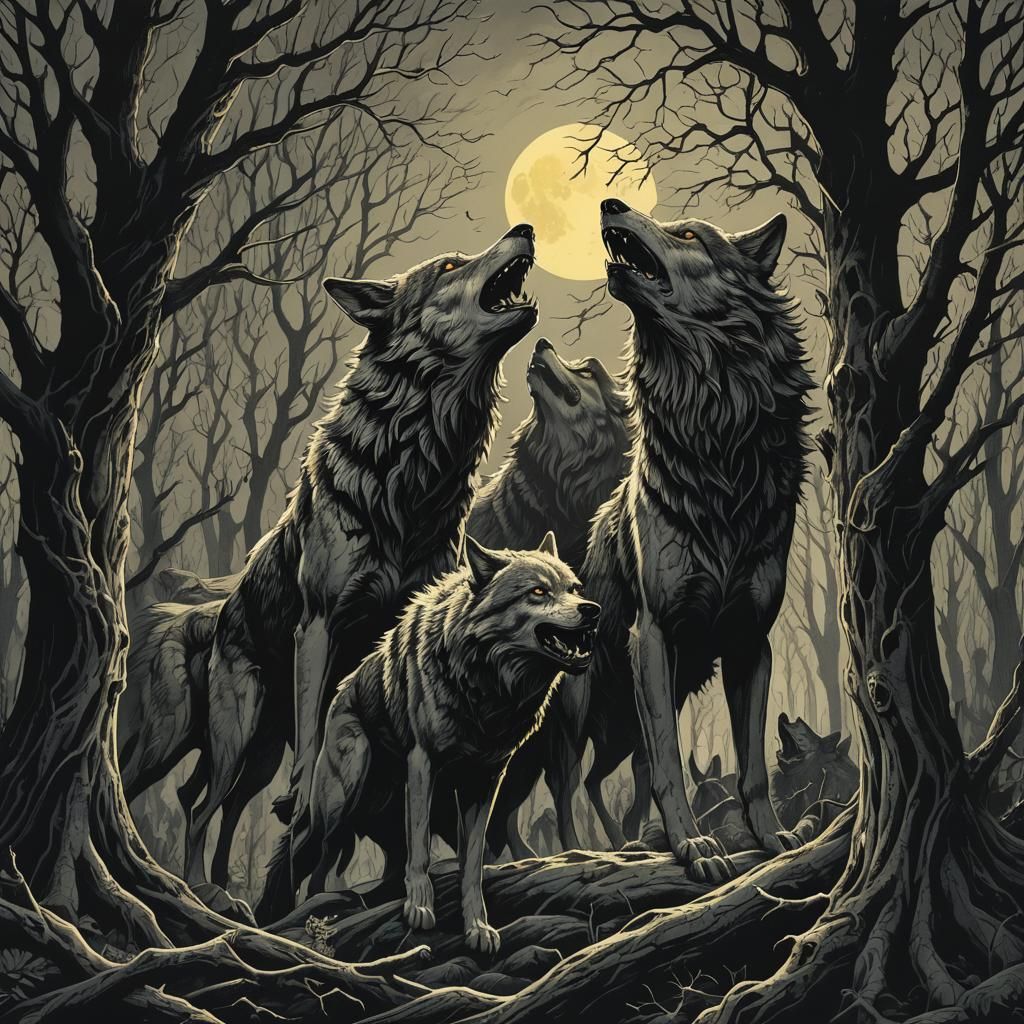 Wolves Howling in Dark Forest: Gothic Engraving