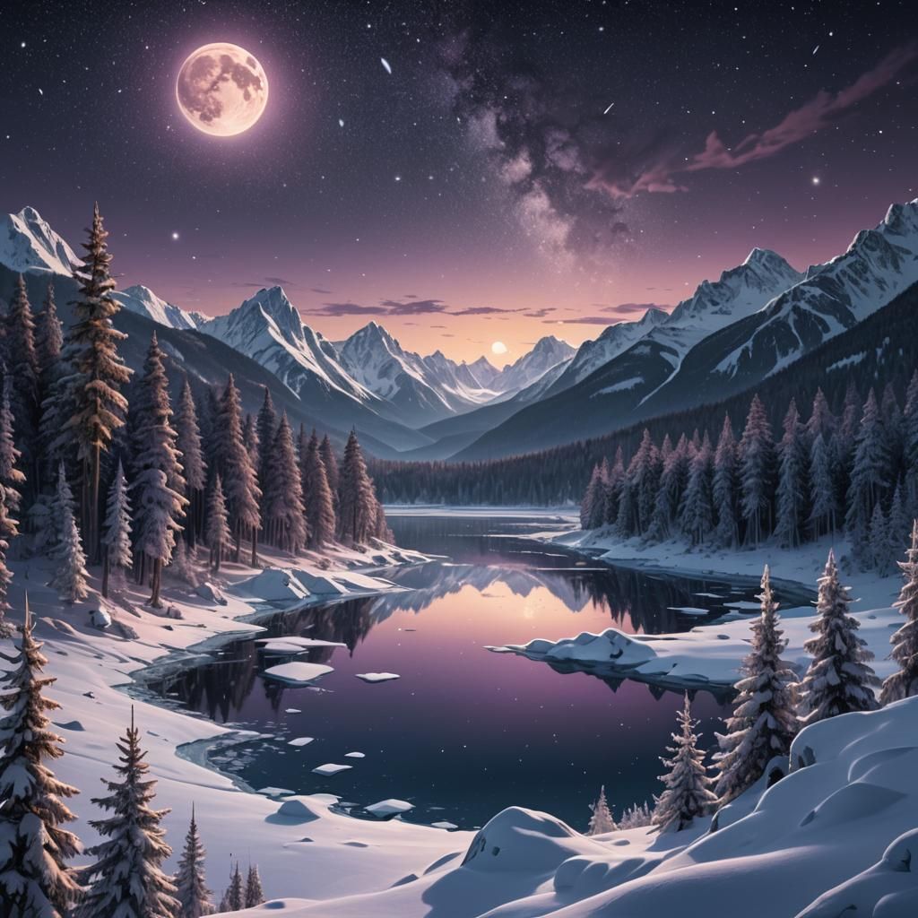 Snowy Lake Under Moonlight: Fantasy Landscape