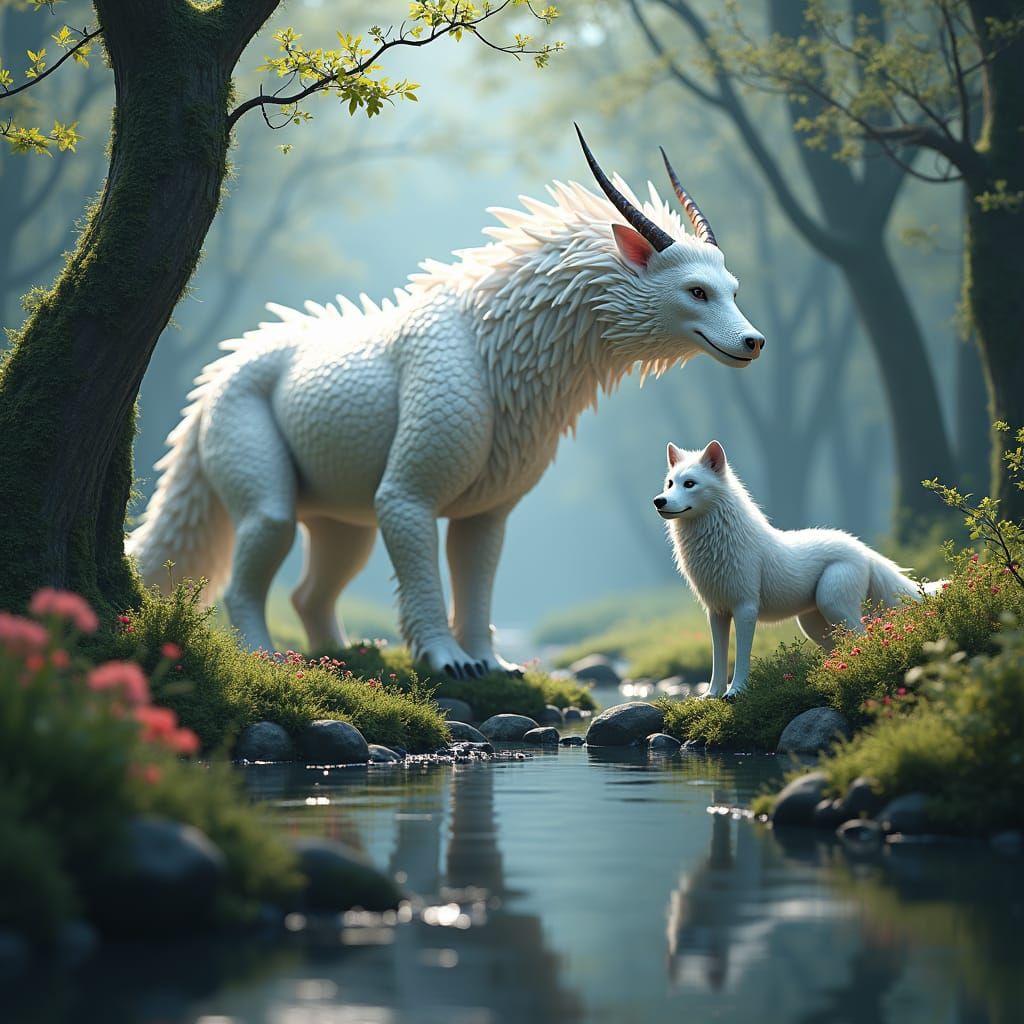 White Dragon and Wolf in Forest: Fantasy Art