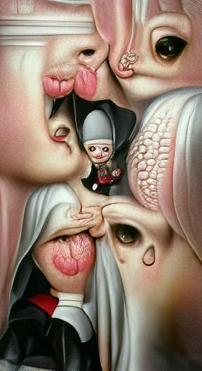 Nun Kisses Devil in Church, Hyperrealistic Illustration