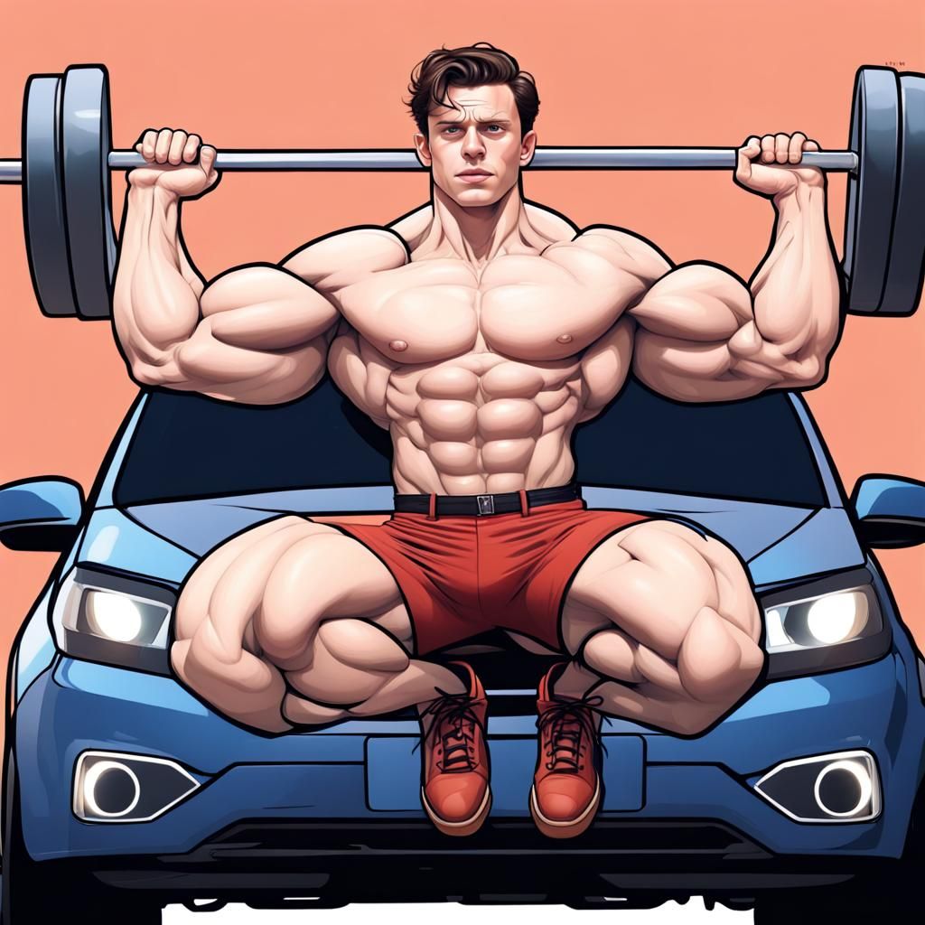 Hyperrealistic Muscular Man Lifts Car