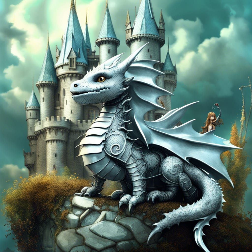 Silver Knight Dragon Guarding Castle: Fantasycore Artwork