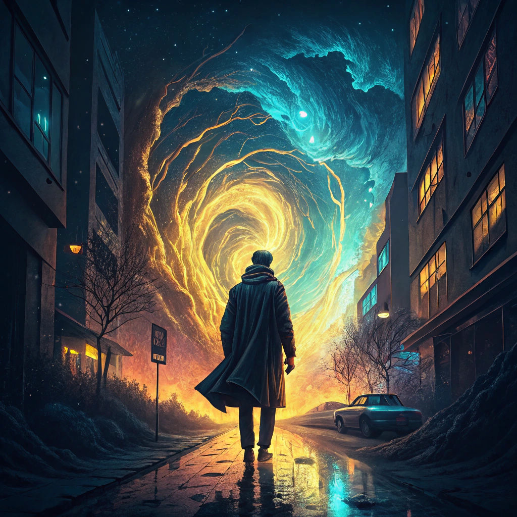 Ethereal Being Emerges from Cyberpunk Vortex