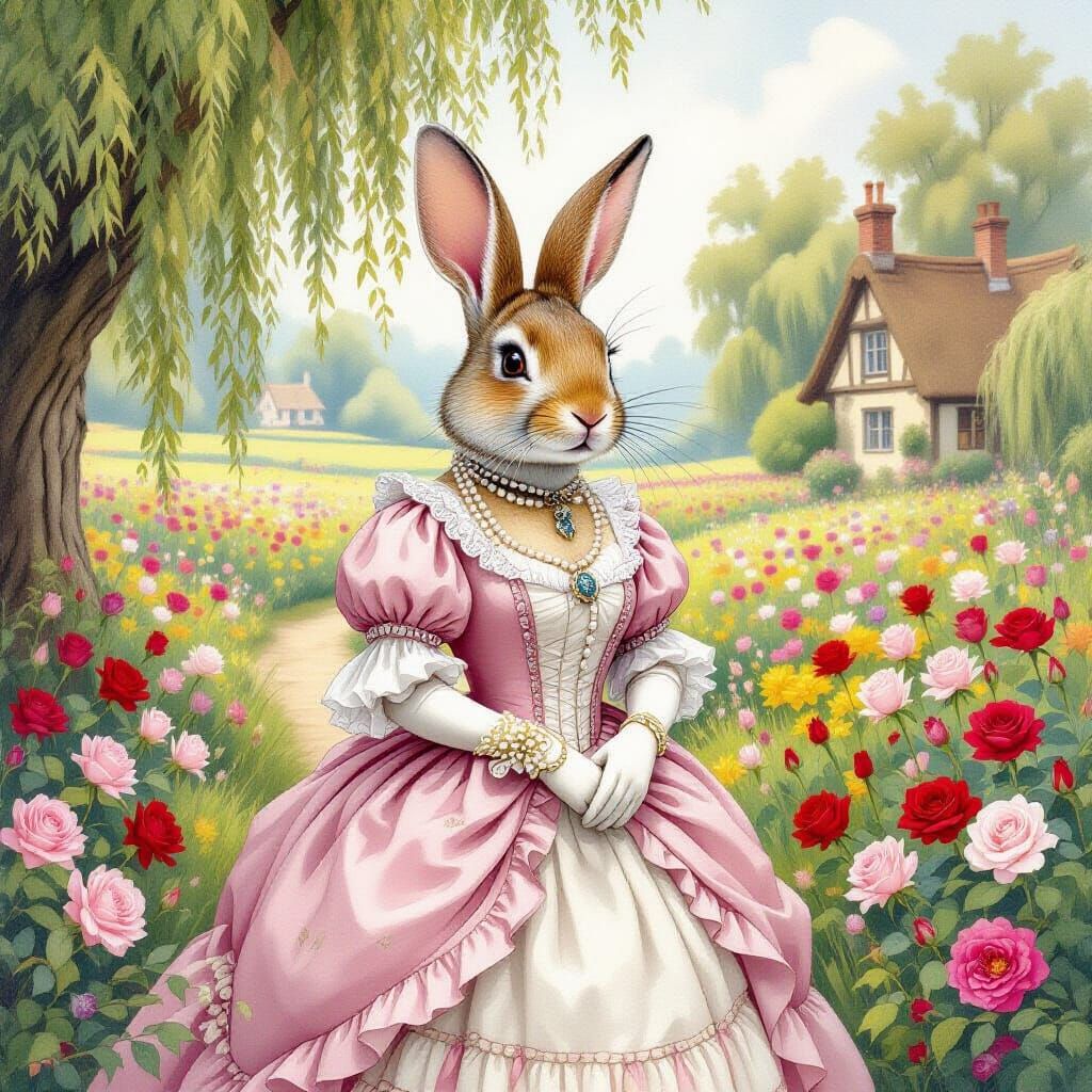 Elegant Rabbit in Flower Field, Watercolor Style