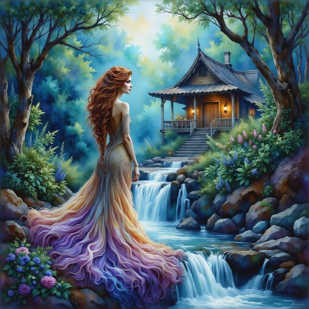 Auburn Haired Woman at Waterfall Temple in Hyperrealistic St...