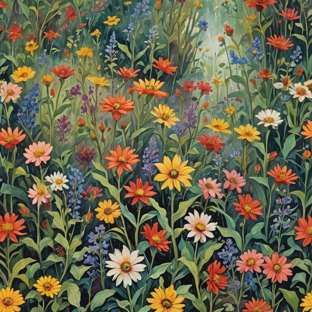 Gouache Floral Landscape in Impressionist Style