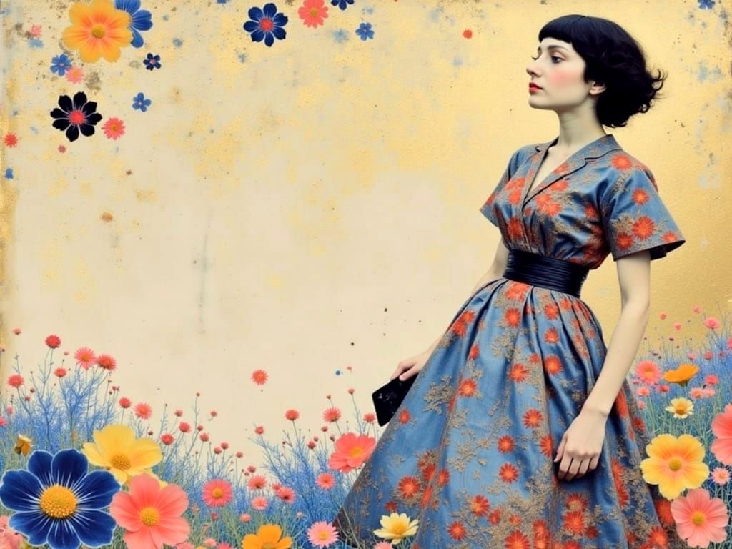 Woman with Floral Background in Klimt Art Style