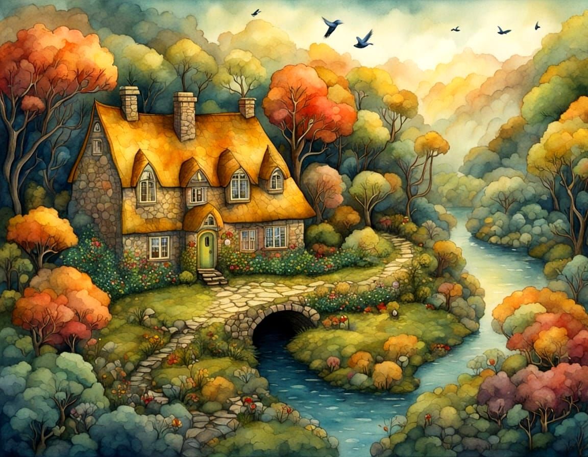 Quirky English Cottage in Fantasy Landscape