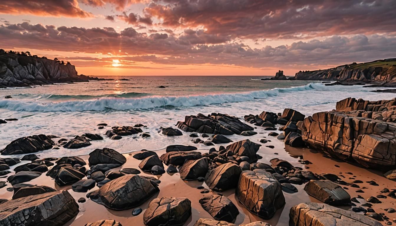Brittany Beach Sunset with Pink and Orange Sky