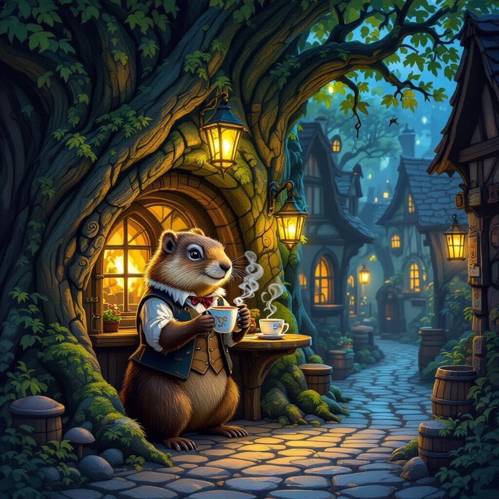 Whimsical Marmot Serves Chocolate in Enchanted Tree Tavern