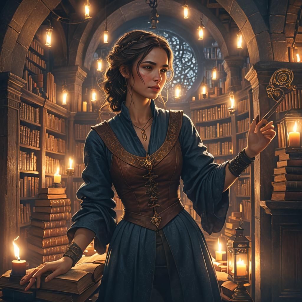Mystical Library Girl with Candles and Ancient Tomes
