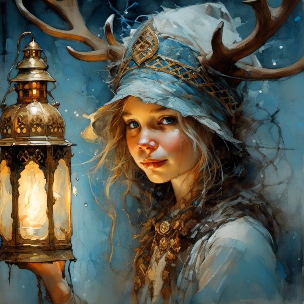 Lantern-Lit Caricature of Antlered Girl