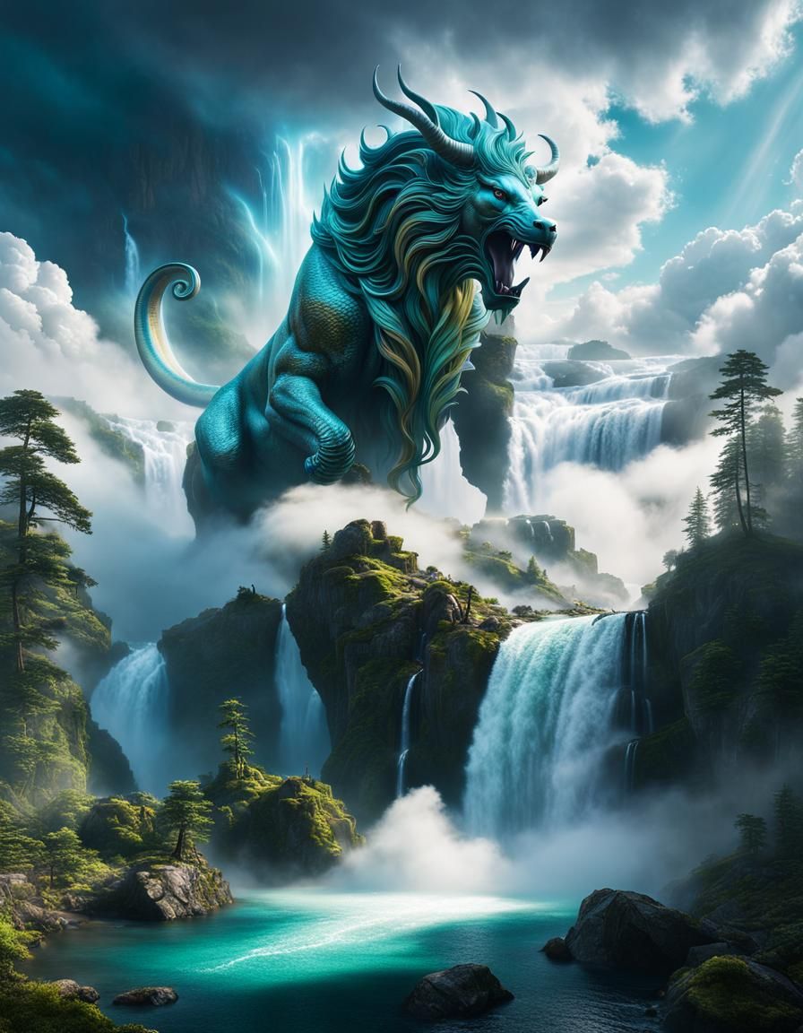 Mythical Creature Emerges in Surreal Landscape