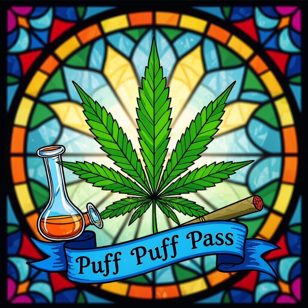 Marijuana Leaf with Hippie Pipes and Stained Glass