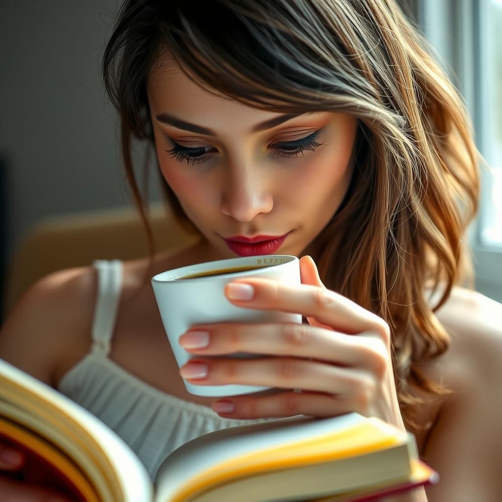 Woman Lost in Book with Coffee, Close-Up Portrait