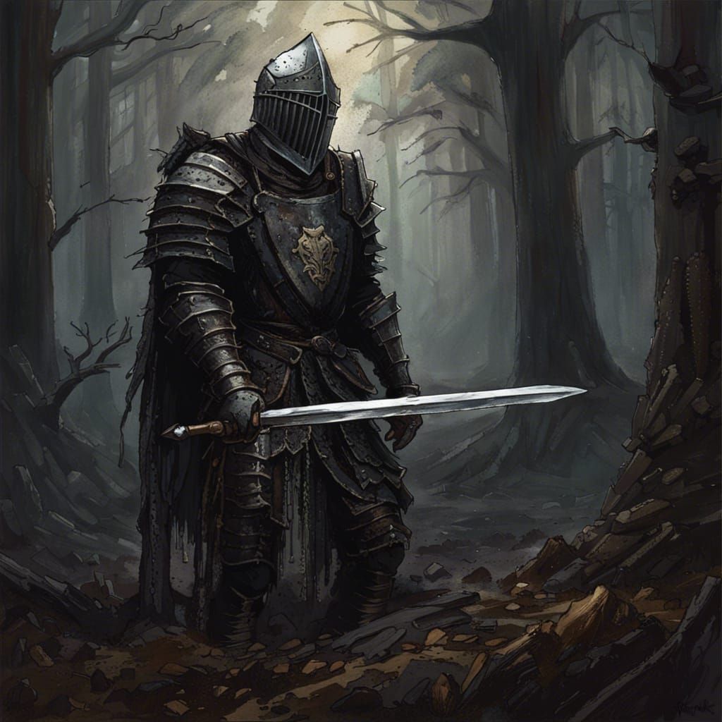 Gothic Knight in Decaying Dark Forest