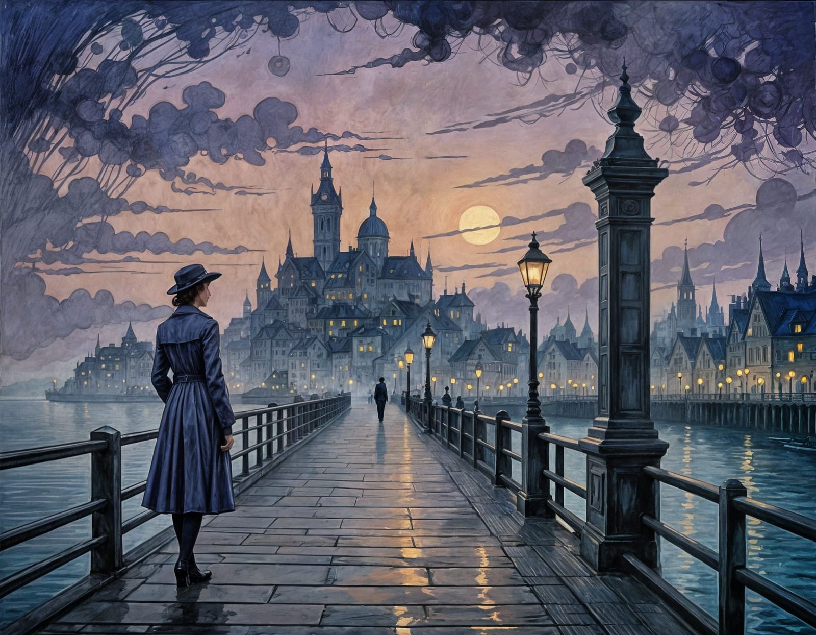 Detective on Misty Pier in Art Nouveau Style