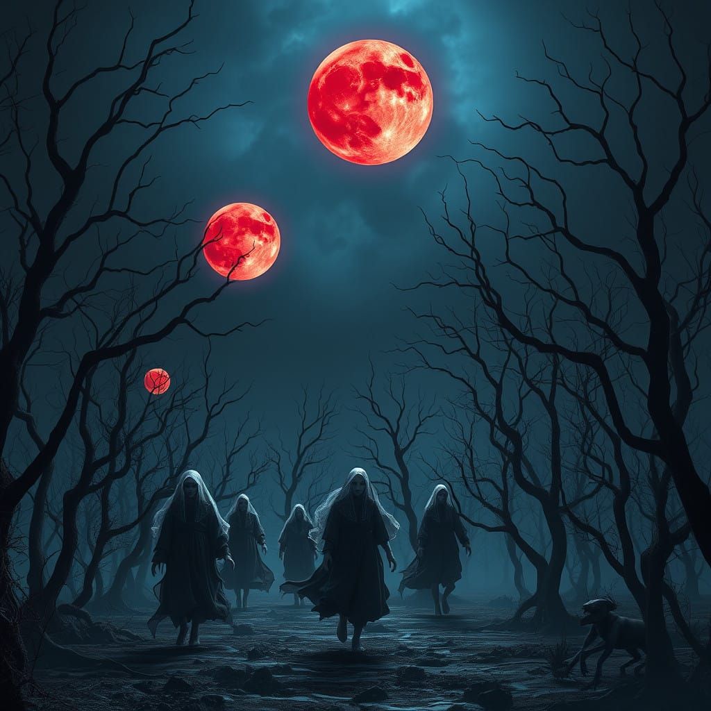 Mystical, Dreamlike Scene with Humanoid Figures under Giant...