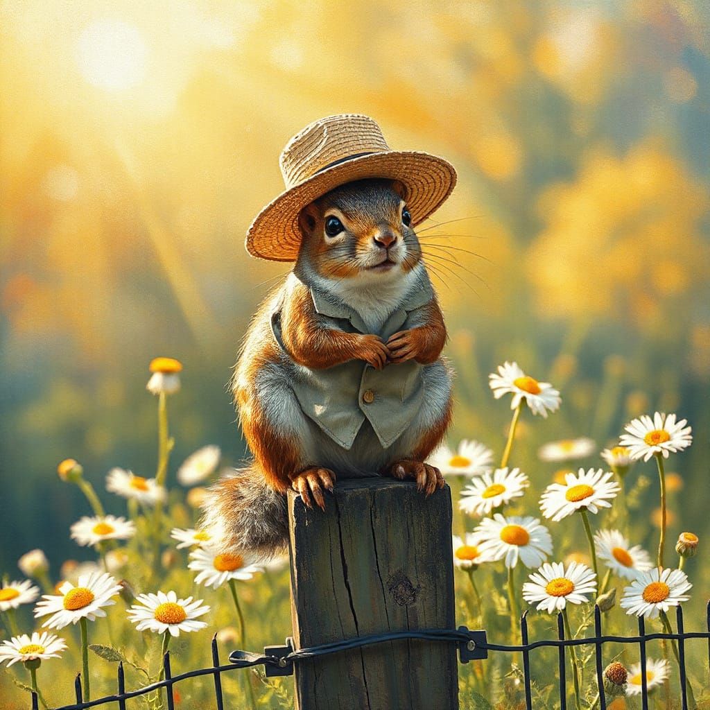 Squirrel in Straw Hat: Impasto Gouache Masterpiece