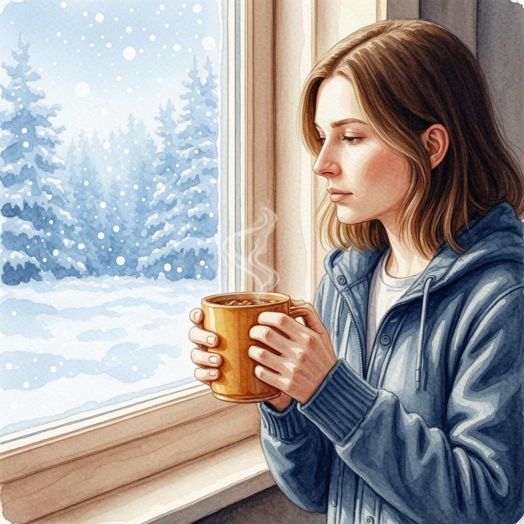 Woman Enjoying Warm Cider in Snowy Landscape