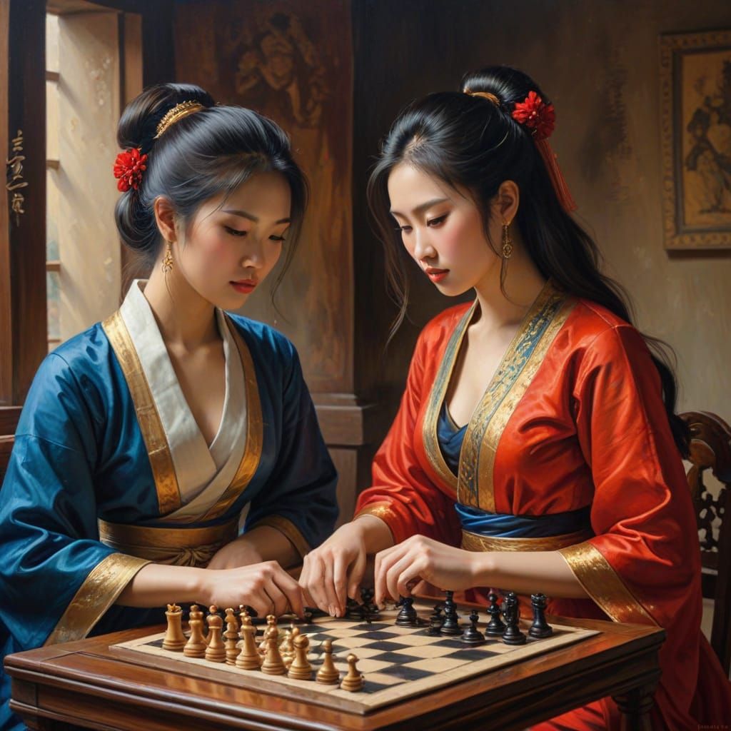 Beautiful Asian Women Playing Chess as Oil Painting