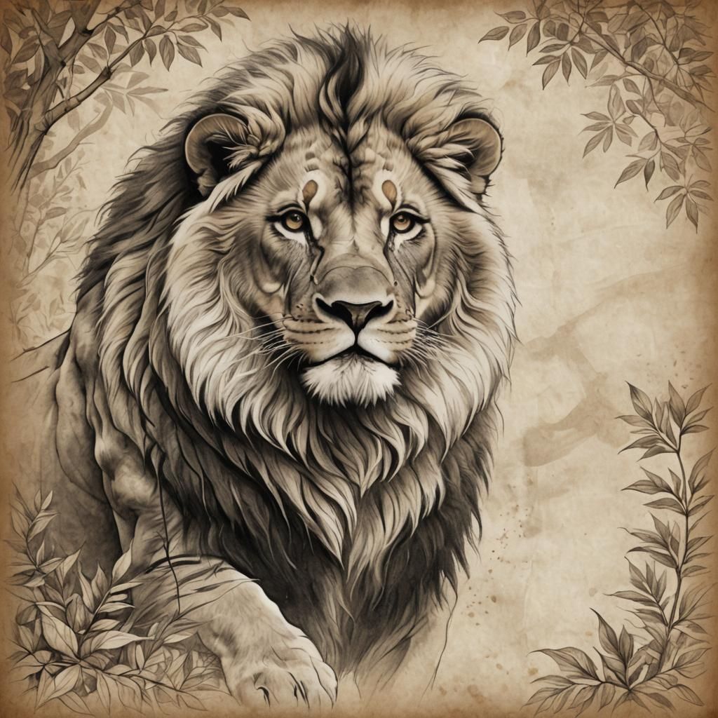 Monochrome Lion Sketch on Parchment with Jungle