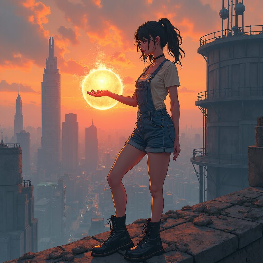 Sci-Fi Anime Woman with Energy Ball Over Megacity