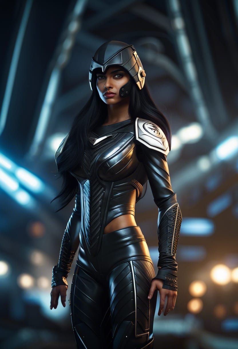 Beautiful Indian Superheroine in Tactical Armor on Rooftop