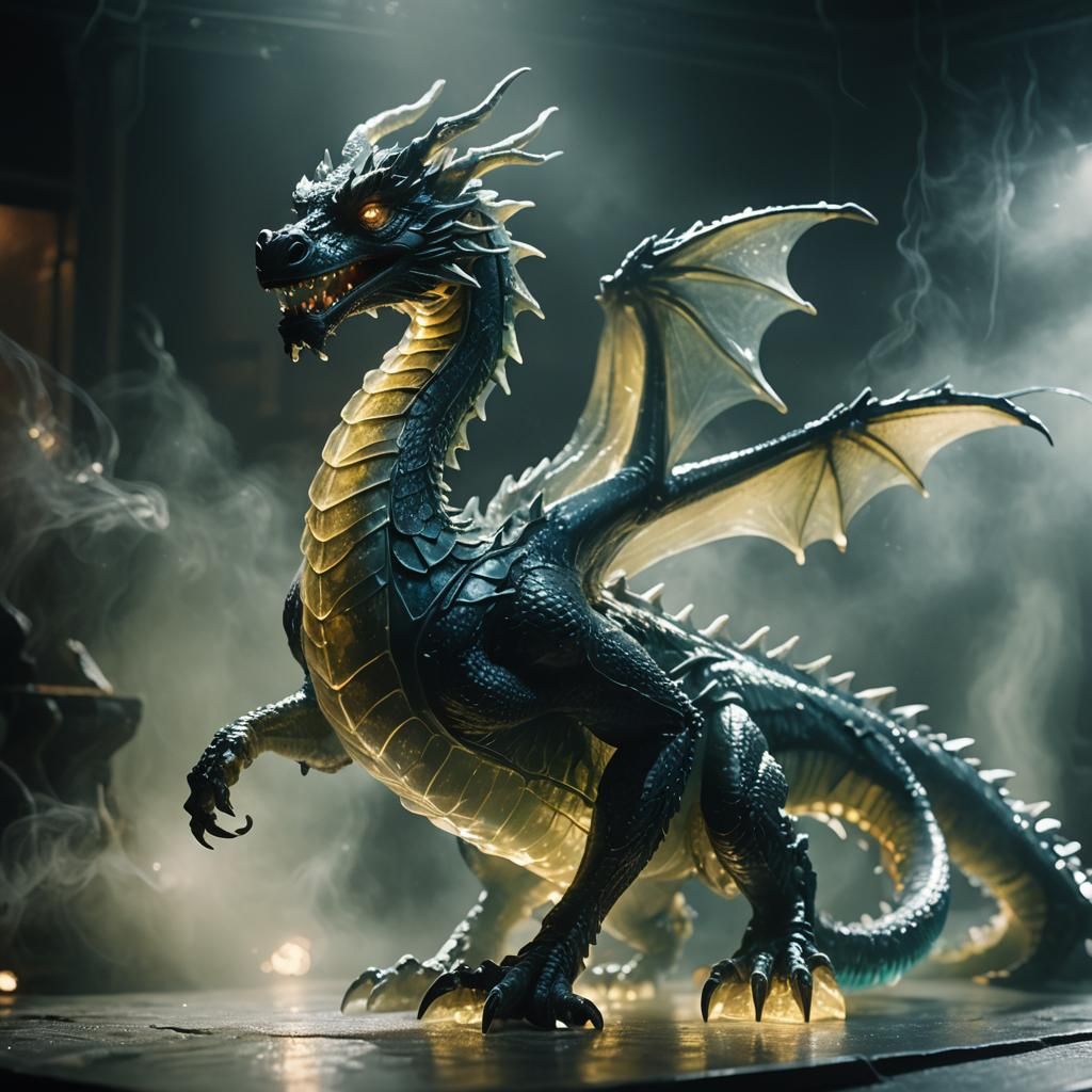Glowing Glass Dragon Statue in Sci-Fi Film Still