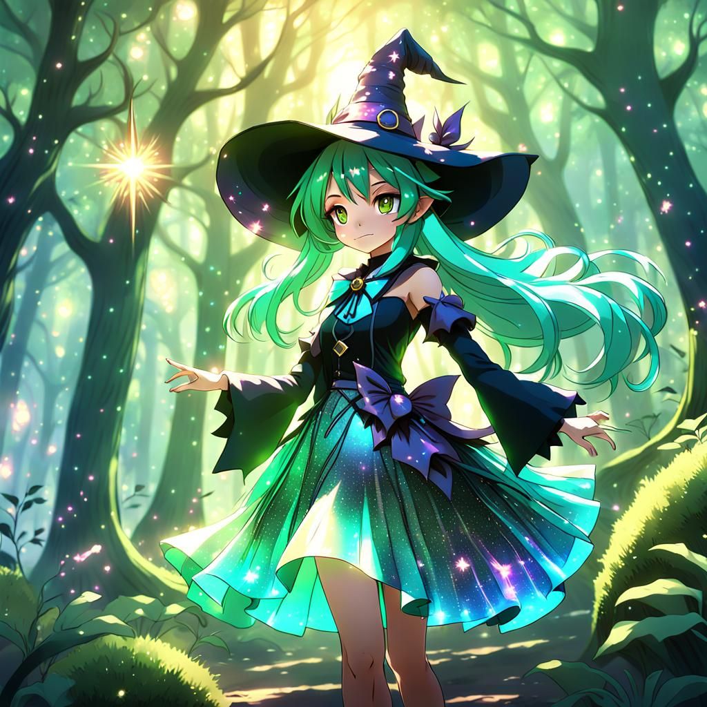 Cute Anime Witch Girl in Mystical Forest