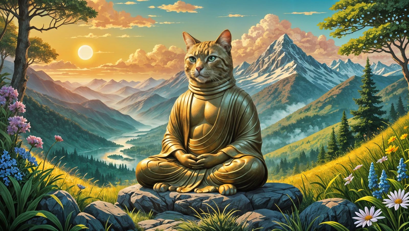 Contemplative Cat on Misty Mountain in Digital Art Style
