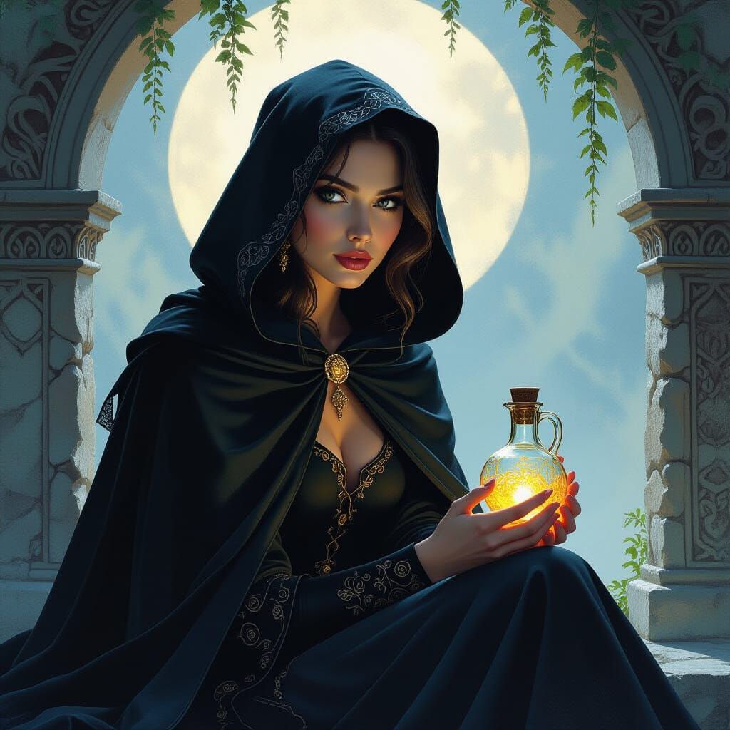 Mystical Woman with Celtic Bottle in Enchanted Setting