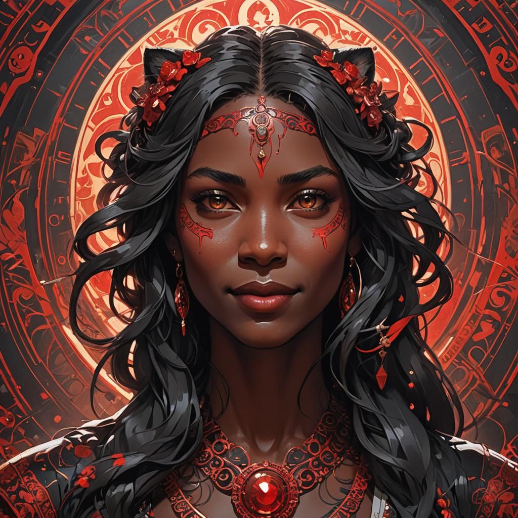 Hypnotic Woman in Red and Black, Digital Portrait