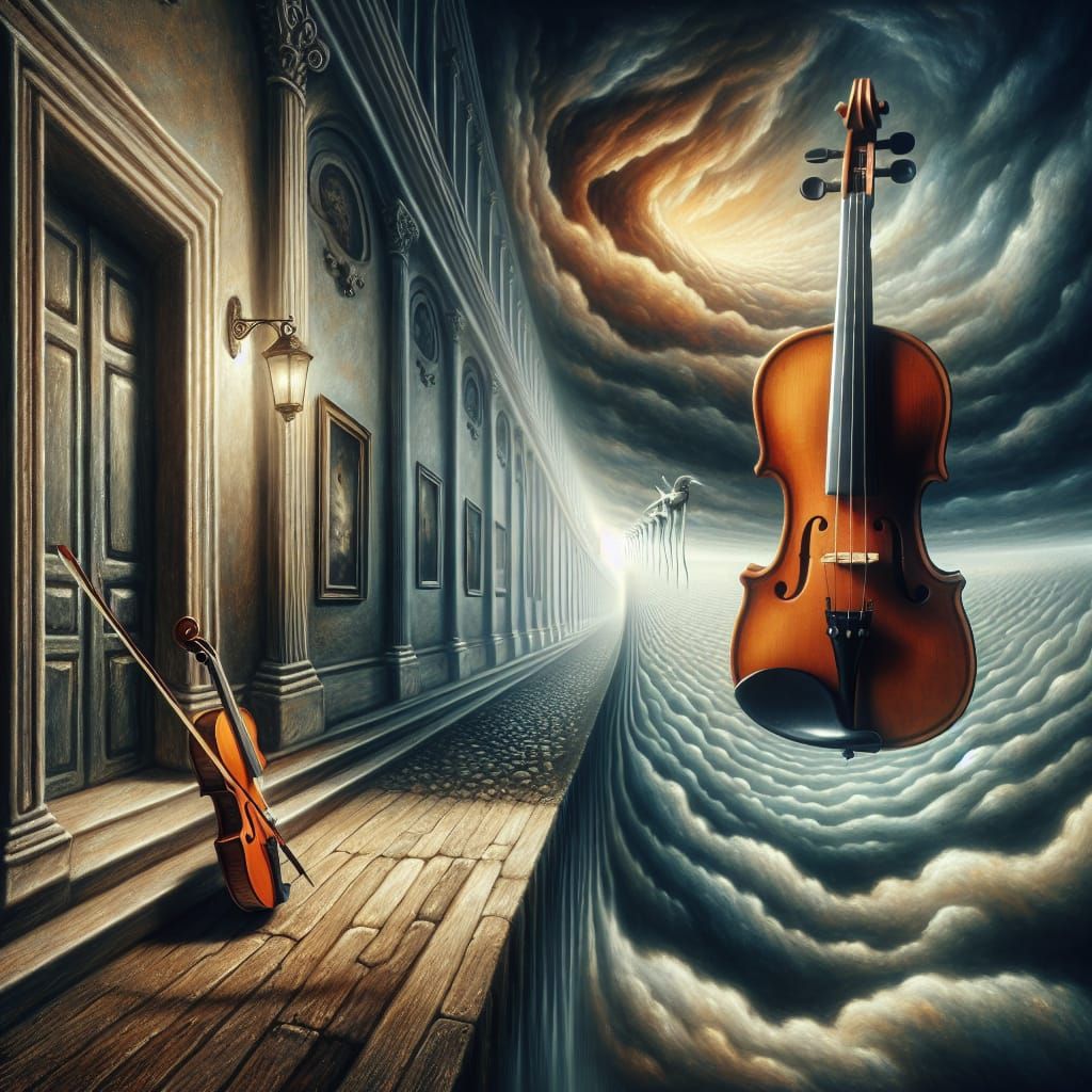 Surrealistic Violin Scene in Photorealistic Style