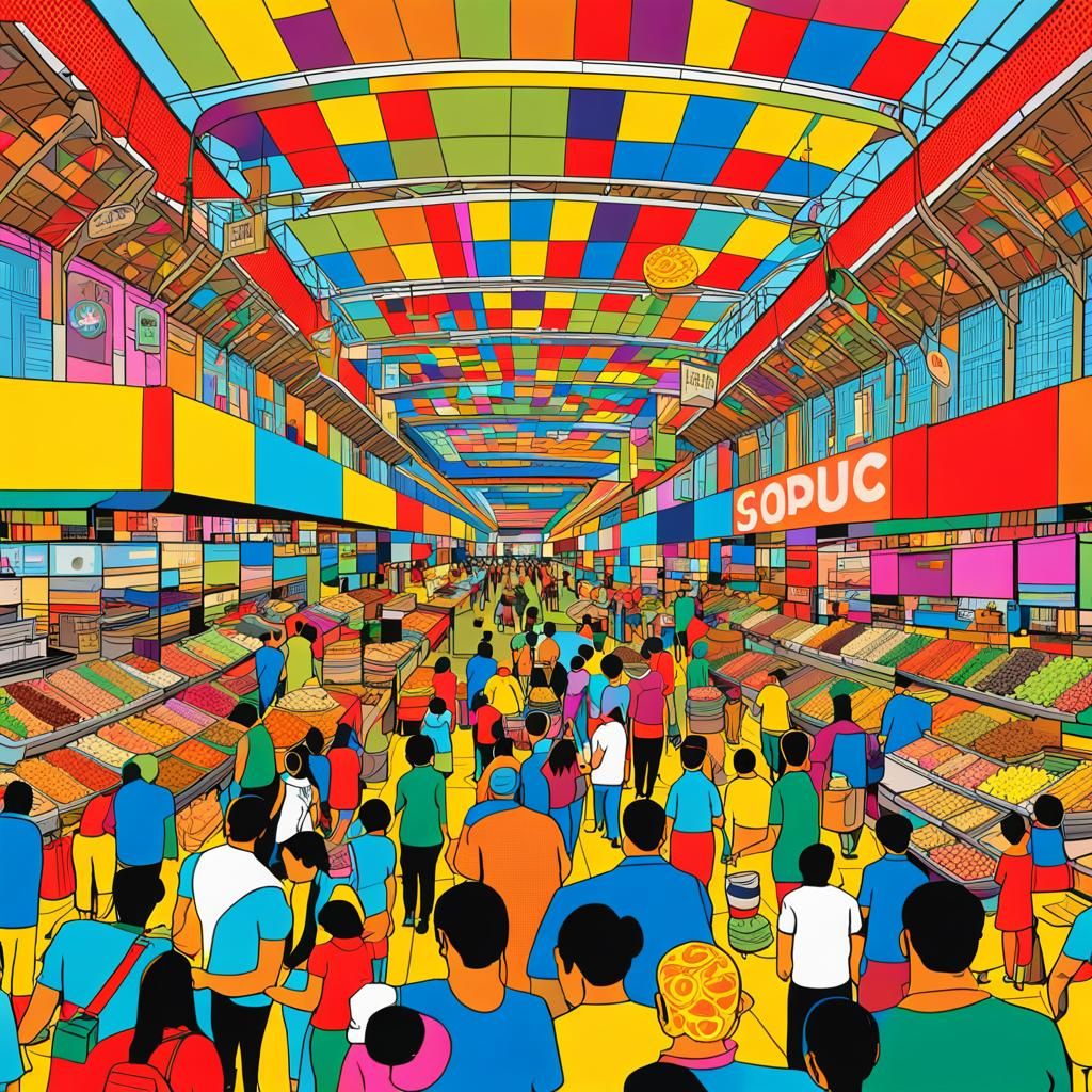 Vibrant Food Market in Geometric Pop Art Style