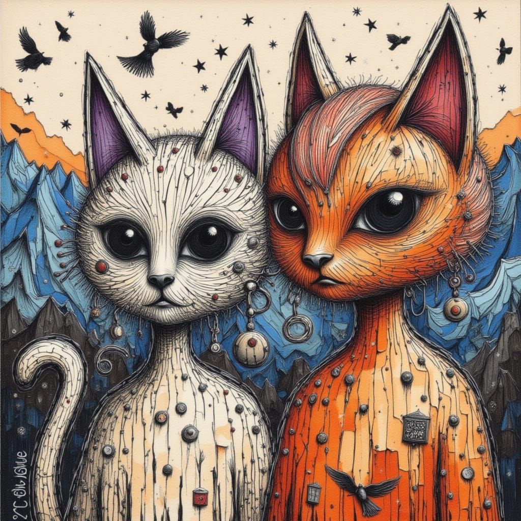 two human like grunge doodle siamese  cats: exaggerated faci...