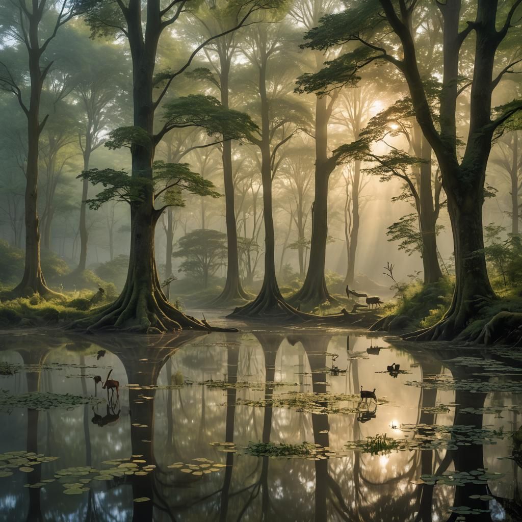 Serene Woodland Glade Bathed in Dawn Light