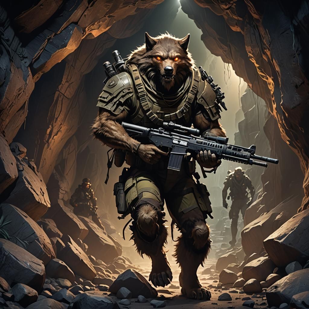 Lycanthrope Soldier Exploring Dark Cave as Matte Painting