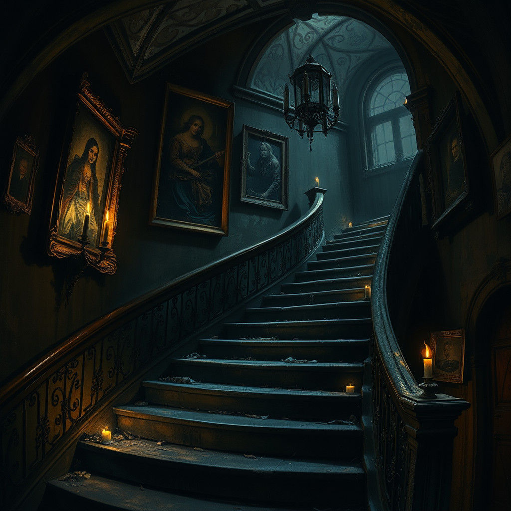 Eerie Staircase with Flickering Candles and Shadows