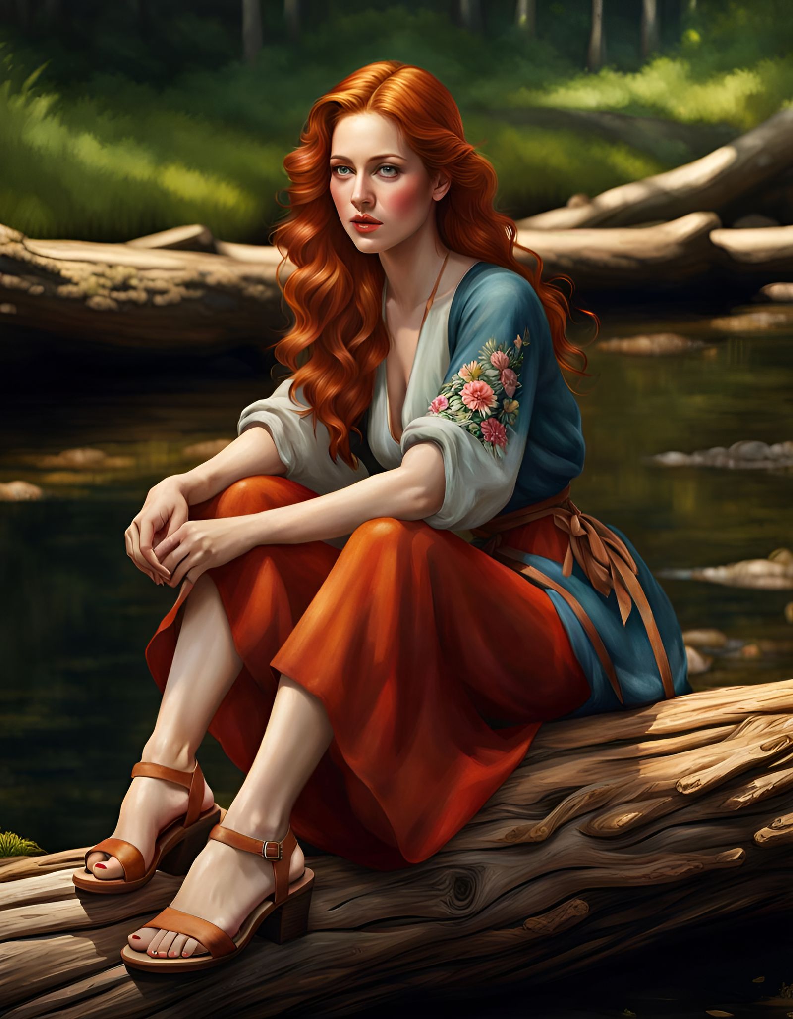 Beautiful Woman on Log in Ultra Realistic Painting